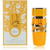 Lattafa Yara Tous Perfume Oil 20ml, bright orange bottle with gold accents, matching box with floral design.
