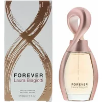 Laura Biagiotti Forever Eau De Parfum 30ml, infinity-shaped rose gold cap, clear bottle, elegant packaging.