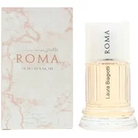 Laura Biagiotti Roma Fiori Bianchi Eau De Toilette 50ml, ribbed glass bottle with white cap, next to marble-patterned box.