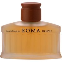 Amber Laura Biagiotti Roma Uomo 75 ml cologne bottle with brown cap and embossed vertical lines.