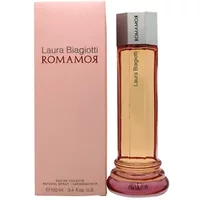 Laura Biagiotti Romamor Eau De Toilette 100ml, tall pink bottle with silver cap, next to matching pink box.