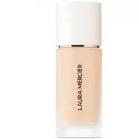 Laura Mercier foundation bottle with white cap, beige liquid, and black logo on the front.