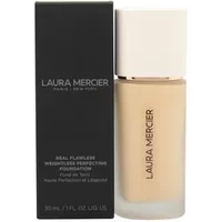 Laura Mercier foundation bottle with beige liquid, white cap, next to black box with brand name and product details.