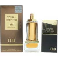 Le Chameau Clio Touch Leather Eau De Parfum 90ml, gold-tinted bottle with clear base, next to brown and gold box.