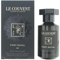 Black Fort Royal Eau De Parfum bottle with square cap, floral emblem, and matching box by Le Couvent des Minimes.