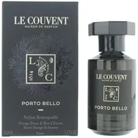 Black Le Couvent des Minimes Porto Bello Eau De Parfum bottle with hexagonal cap, next to matching box.