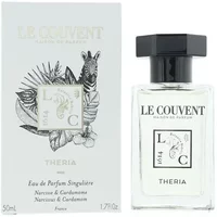 "Clear glass bottle with black cap, Le Couvent des Minimes Theria Eau De Parfum 50ml, zebra illustration on box"
