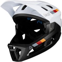 White and black Leatt Enduro 2.0 full face MTB helmet with visor, ventilation slots, and colorful stripe accents.