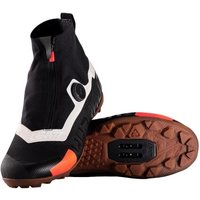 Black and orange Leatt HydraDri ProClip 8.0 Boa MTB shoes with zip closure and rugged brown sole.