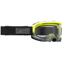 Leatt Velocity 4.0 MTB goggles with yellow frame, clear lens, and black adjustable strap with Leatt logo.