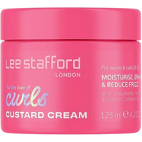 Pink jar of Lee Stafford For The Love Of Curls Custard Cream, 125ml, with colorful text and product details.
