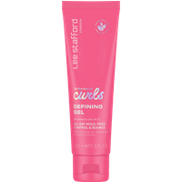 Pink tube of Lee Stafford For The Love Of Curls Defining Gel, 100ml, with white text and floral logo.