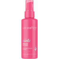 Pink Lee Stafford For The Love Of Curls Serum Lotion bottle, 100ml, with pump dispenser and white text.