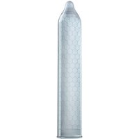 Transparent LELO Hex Respect XL condom with hexagonal pattern, elongated shape, and reservoir tip.