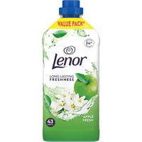 Lenor Fabric Conditioner Apple Fresh, green bottle with blue cap, apple and flower design, 43 washes, value pack label.