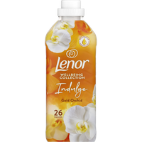 Lenor Gold Orchid Rinse Aid 858ml bottle with floral design, white cap, and orange-yellow gradient background.