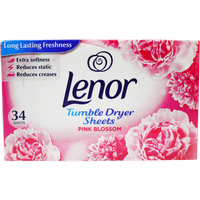 Lenor Pink Blossom dryer sheets box with pink floral design, 34 sheets, promises extra softness and reduced static.