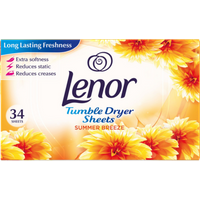 Lenor Summer Breeze Tumble Dryer Sheets box with yellow flowers, 34 sheets, promises softness and reduced static.
