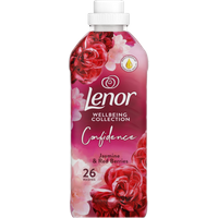Lenor Wellbeing Jasmine & Red Berries fabric conditioner, 858ml, pink bottle with floral design and white cap.