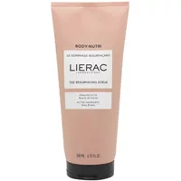 Pink tube of Lierac Body-Nutri Resurfacing Scrub, 200ml, with white label and black text.