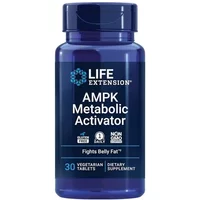 Blue bottle of Life Extension AMPK Metabolic Activator, 30 vegetarian tablets, with white text and logo.