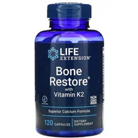 Blue bottle of Life Extension Bone Restore with Vitamin K2, 120 capsules, white label with blue and black text.