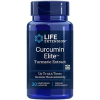 Blue bottle of Life Extension Curcumin Elite Turmeric Extract with 60 vegetarian capsules, labeled for bioavailability.