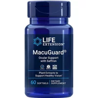 Blue bottle of Life Extension MacuGuard Ocular Support, 60 softgels, with white text and logo on label.