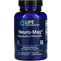 Life Extension Neuro-Mag Magnesium L-Threonate, blue bottle, white text, 90 vegetarian capsules, dietary supplement.