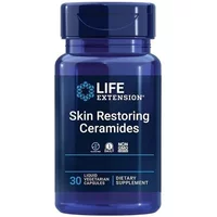 Blue bottle of Life Extension Skin Restoring Ceramides, 30 liquid vegetarian capsules, white label text.