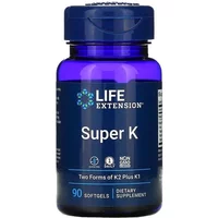 Blue bottle of Life Extension Super K, 90 soft gels, with white label and logo, dietary supplement.