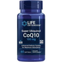 Blue bottle of Life Extension Super Ubiquinol CoQ10 100mg, 60 softgels, with white label and blue cap.