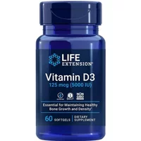 Life Extension Vitamin D3 5000iu, blue bottle, 60 softgels, white label with text and icons.