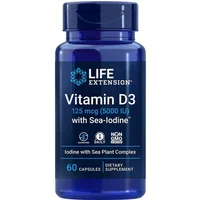 Blue bottle of Life Extension Vitamin D3 with Sea-Iodine, 5000iu, 60 capsules, white label with blue text.