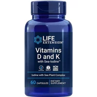 Blue bottle of Life Extension Vitamins D & K with Sea-Iodine, 60 capsules, white label text, dietary supplement.