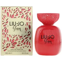 Liu-Jo Glam Eau De Parfum 100ml with red bottle and ornate gold box featuring leaf cutout design.