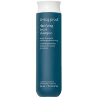Dark teal bottle of Living Proof Clarifying Detox Shampoo, white cap, 236ml, sleek cylindrical design.