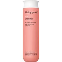 Pink bottle of Living Proof Curl Shampoo 236ml with white cap and minimalist text design.
