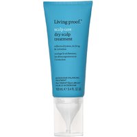 Blue Living Proof Dry Scalp Treatment tube, 100ml, with white cap and text detailing benefits.