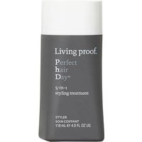 Gray bottle of Living Proof Perfect Hair Day 5-in-1 Styling Treatment, white cap, 118ml size.