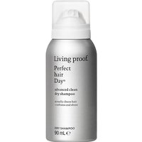 Gray Living Proof dry shampoo bottle, 90ml, with white cap and black text detailing product name and features.