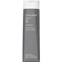 Gray bottle of Living Proof Perfect Hair Day Conditioner, 236ml, with white cap and minimalist text design.