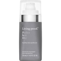 Gray bottle of Living Proof Perfect Hair Day Healthy Hair Perfector, 118ml, with white pump and silver accents.