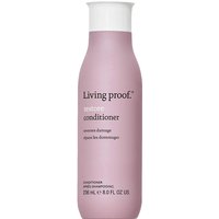 Pink bottle of Living Proof Restore Conditioner, 236ml, with white cap and minimalist text design.