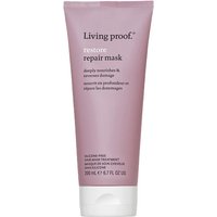 Pink tube of Living Proof Restore Repair Mask 200ml with white cap and text detailing benefits and ingredients.