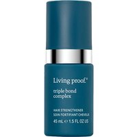 Dark teal bottle of Living Proof Triple Bond Complex, 45ml, with silver band and white text detailing.
