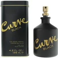 Black Liz Claiborne Curve cologne bottle with gold lettering, matching tin box, 125ml size.