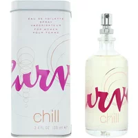 Clear glass bottle of Liz Claiborne Curve Chill Eau De Toilette with pink text, silver cap, next to matching tin box.