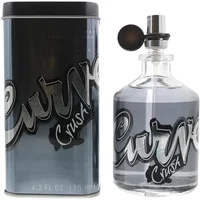 Clear glass bottle of Liz Claiborne Curve Crush Cologne with black spray nozzle, next to a matching black tin box.