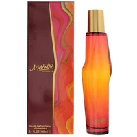 Mambo Eau De Parfum by Liz Claiborne, 100ml, in a tall, curved orange-red bottle with a gold cap, matching box.
